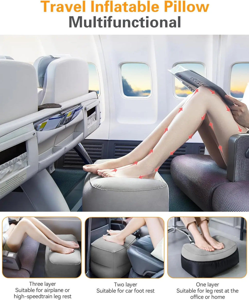 Inflatable Foot Rest Pillow For Travel, Kids/Adults Airplane Travel Pillow-Adjustable Height Cushions,For Kids To Sleep While