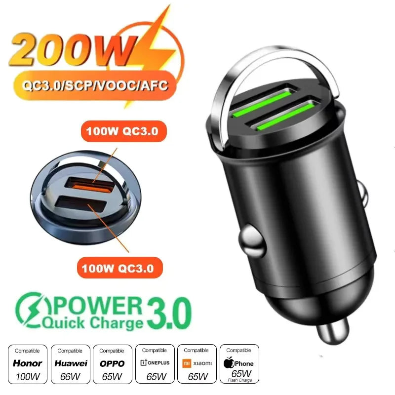 2025 200W mini car charger fast charging for iPhone QC3.0 mini PD USB Type C car mobile phone charger for Xiaomi Samsung Huawei
